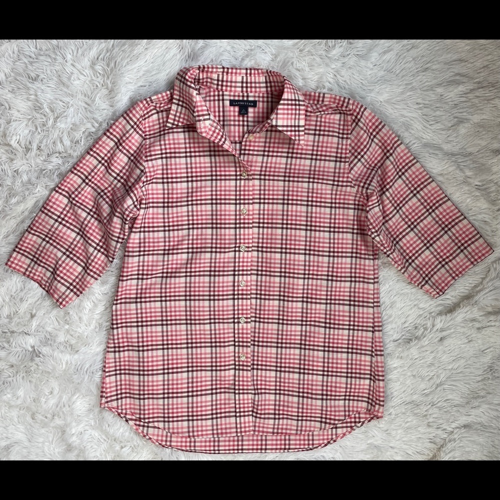 LANDS' END 3/4 Sleeve Button Down Shirt Women's Sz M 10-12 Pink Red White